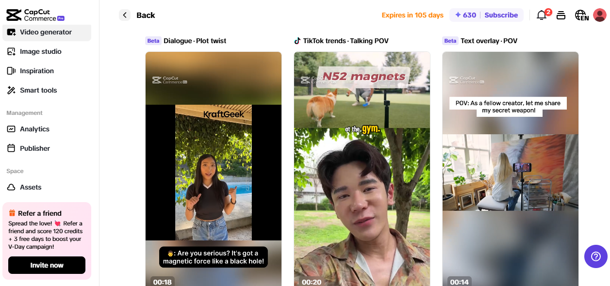Pippit 視頻生成器展示 TikTok 熱門趨勢、POV 內容和基於對話的模板，用於副業創意
